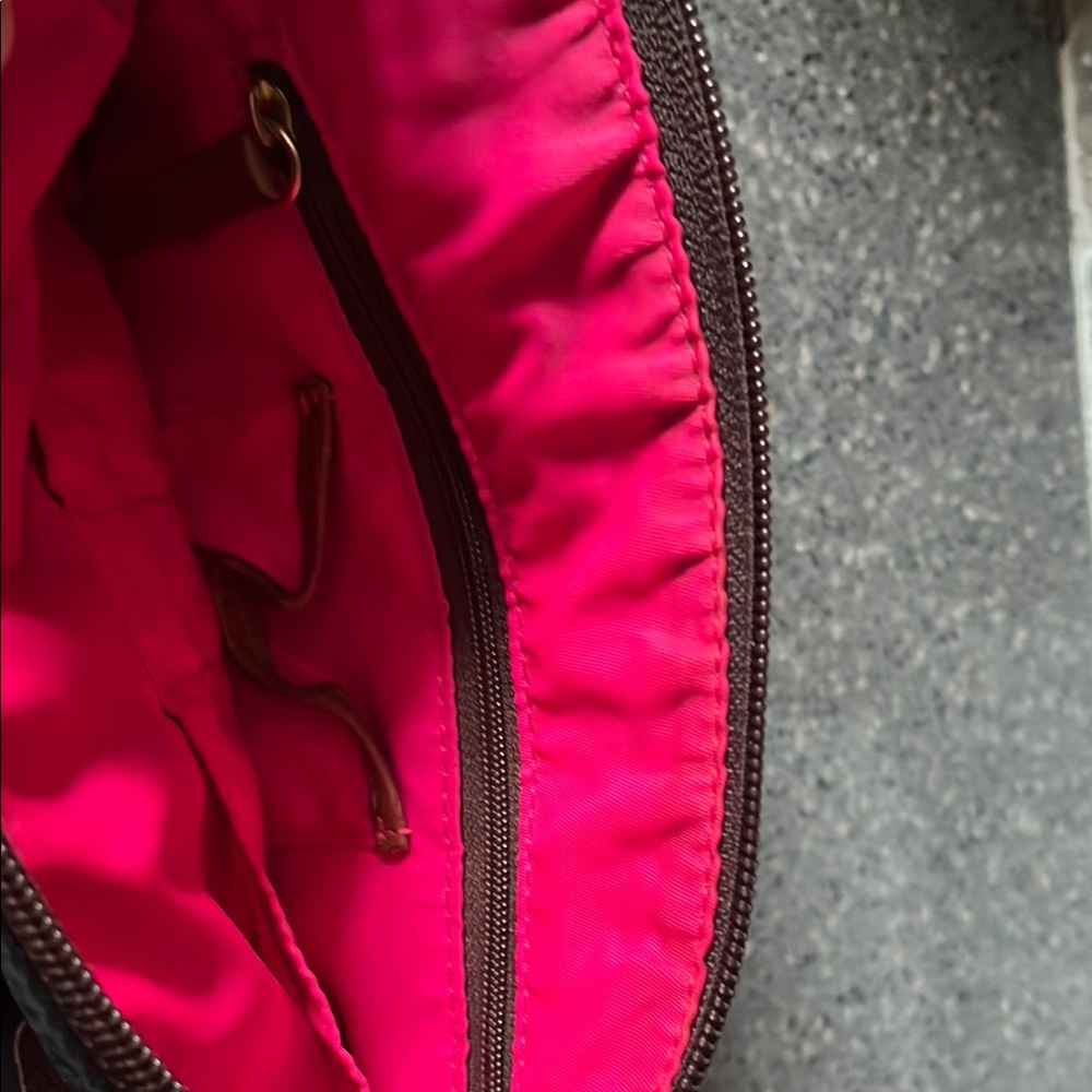 Dooney & Bourke Black Handbag with Brown Leather Strap and Hot Pink Interior - Picture 14 of 16